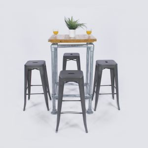 Rustic Industrial Poseur Table and 4 Industrial Stools
