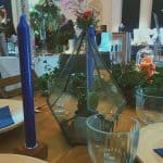 Rustic Trestle Table Setting- Blue Candles and Terrarium