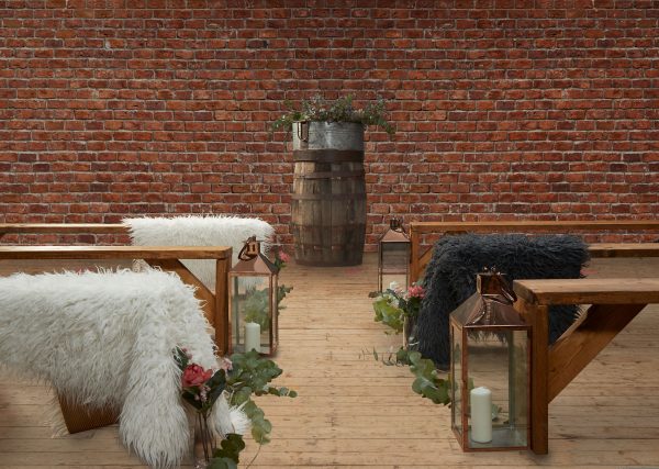 Rustic Benches, Barrel, Lanterns and Fluffy Throws